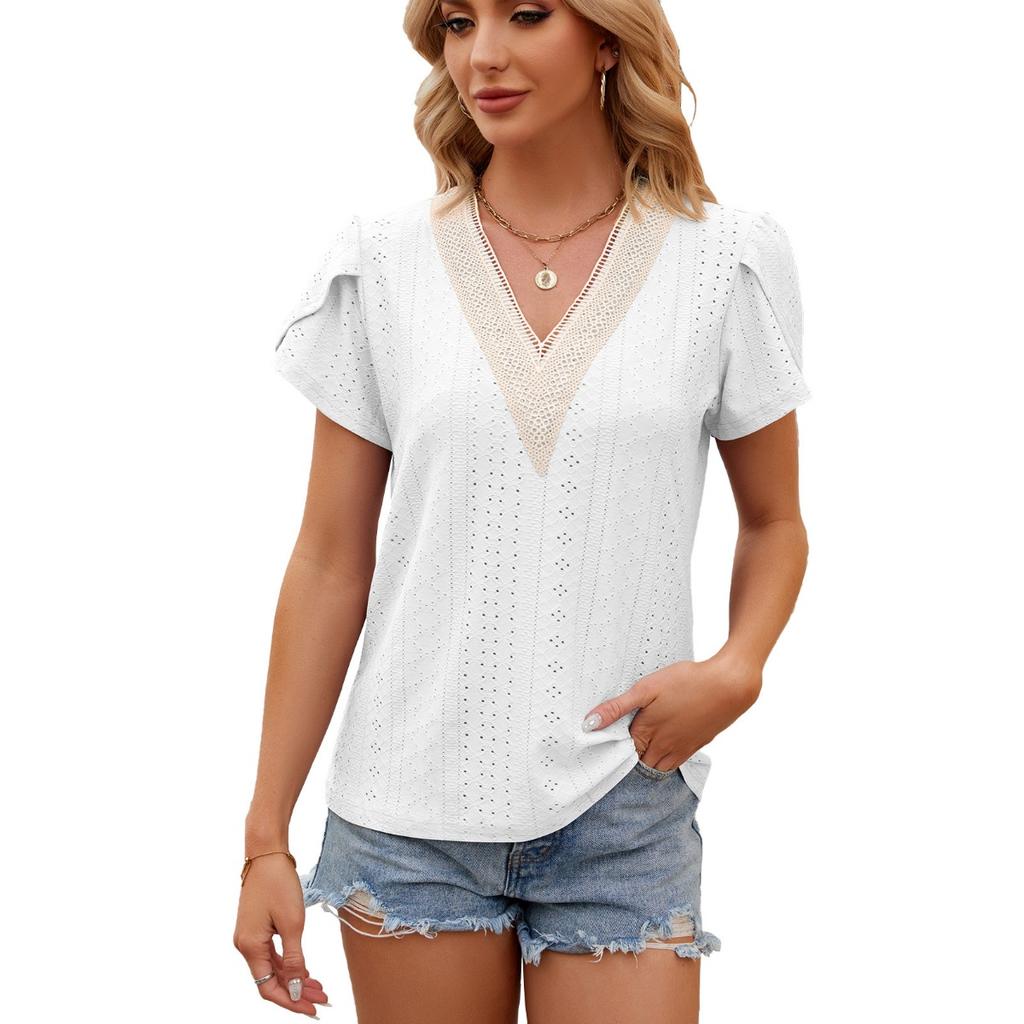 Spring Summer Women's Lace Patchwork V-neck Loose Short Sleeve T-shirt