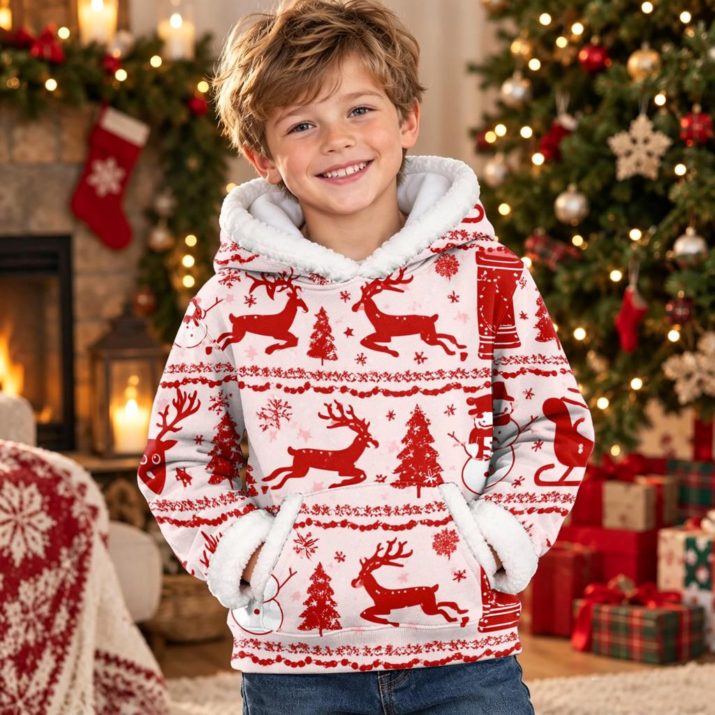 Kids Long Sleeve Christmas Print Casual Fashion Hooded Top
