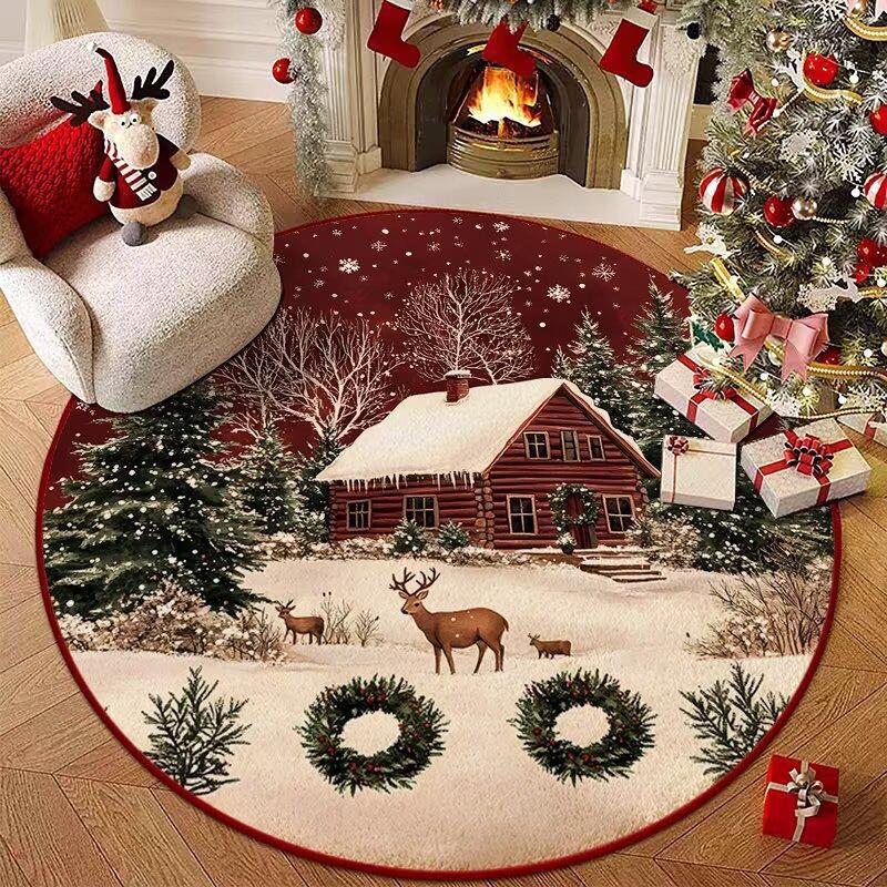 1 PC Christmas Faux Wool Round Rug - Non-Slip Stain Resistant Living Room Bedroom Carpet