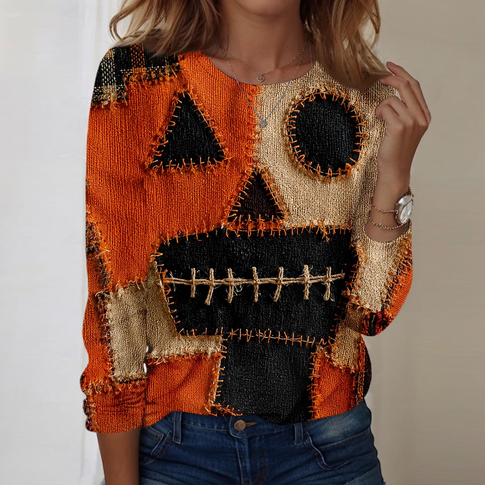 Women s Long Sleeve Halloween Print Neck Tops - Casual Fashion Blouse for Women Fall XXL