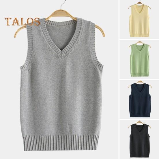 Women Knitting Vest V-Neck Sleeveless Ribbed Trim Solid Color Vest Tops Autumn Winter Loose Fit Knitwear