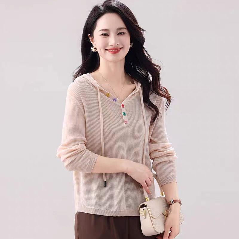 

2025 Women s Spring/Autumn Hooded Long Sleeve Knitted Sweater with Half-Open Collar and Color Buttons: Fashionable, Slimming & Age-Defying One Size