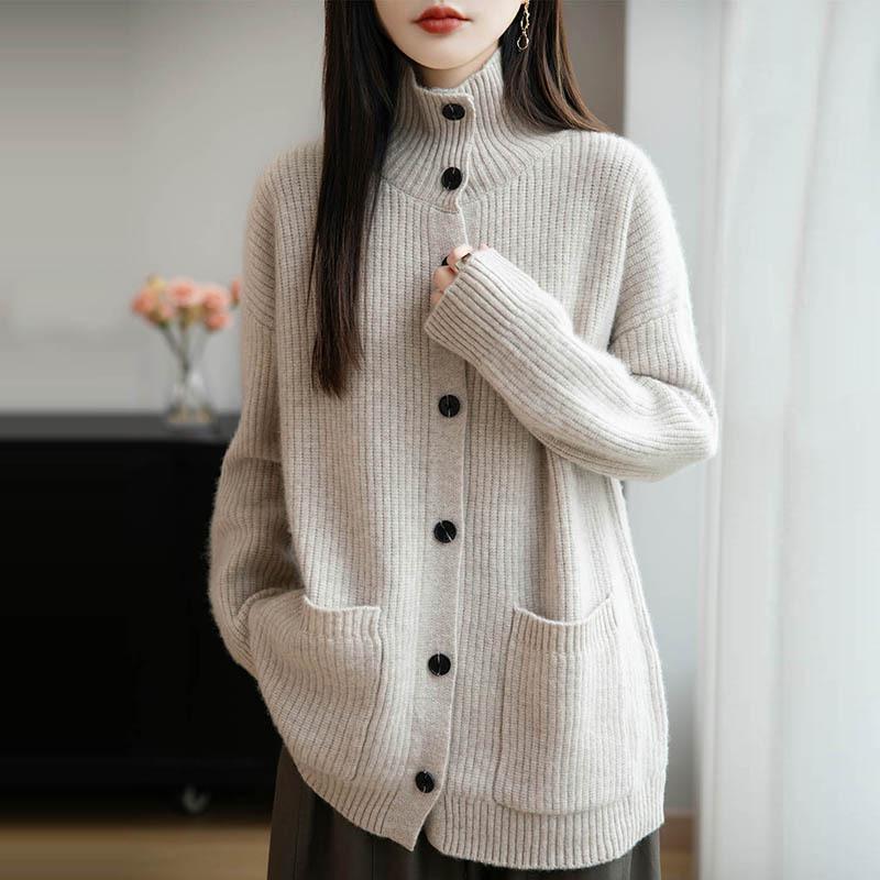 Women's Korean Style Wool Cardigan: Autumn/Winter Half-High Neck Button-Up Knit Sweater