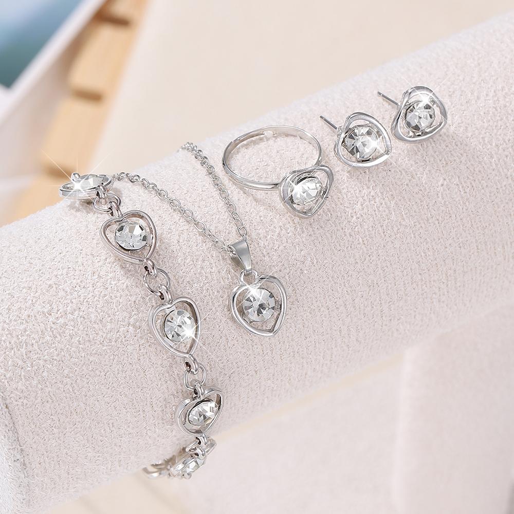 5 Piece Set Women Crystal Love Zircon Fashionable Elegant High End Peach Heart Necklace Earrings Rings Bracelets Necklace Set
