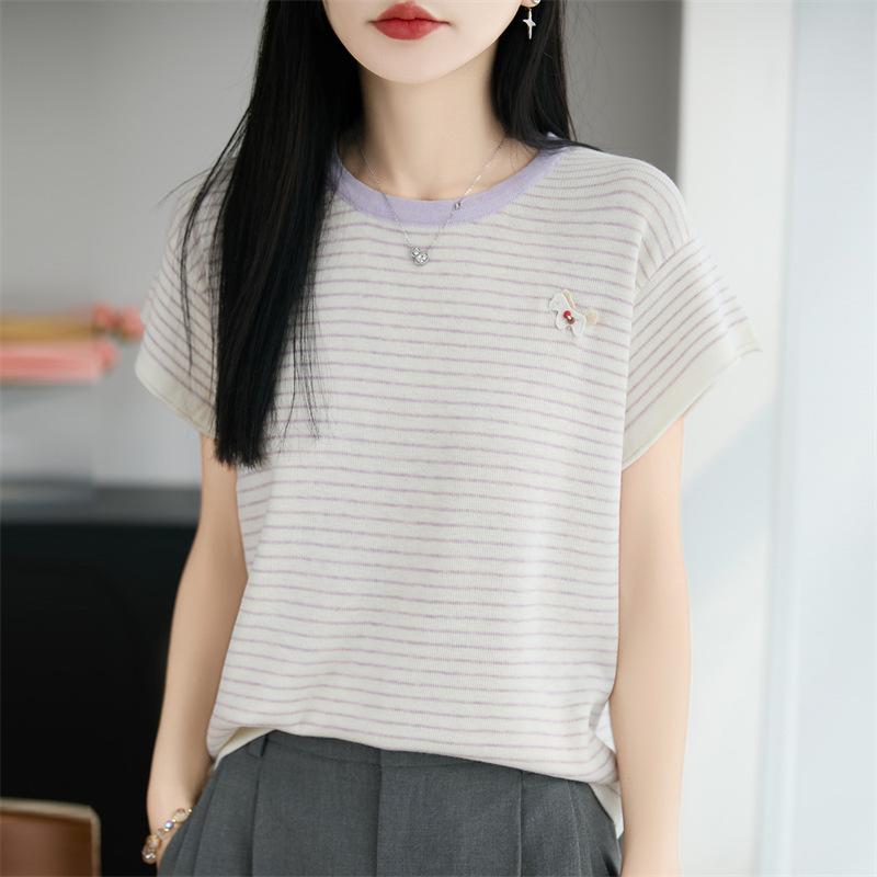 Round-neck Knitted Short-sleeved Women's Summer New Style Multi-color Striped Little Horse Base Layer T-shirt