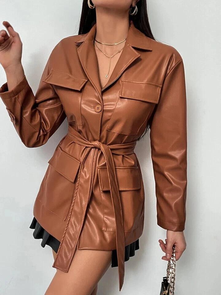 Halloween Casual Stylish Women's Coat Brown Real Lambskin Leather Trench Belted