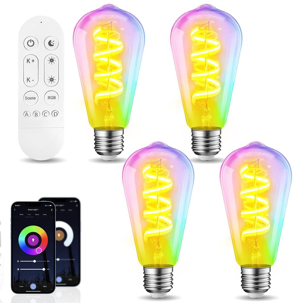 Smart LED Bulb, E26 Base, 40W Equivalent, Edison Bulb, 6.3W Filament, with Remote Control, 500LM, Stepless Dimming and Color Temperature Adjustment,
