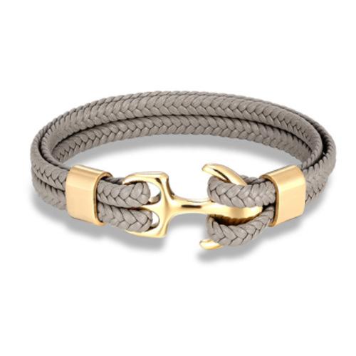 Men Titanium Steel Bracelet Black Cowhide Woven Anchor Leather Rope Bracelet