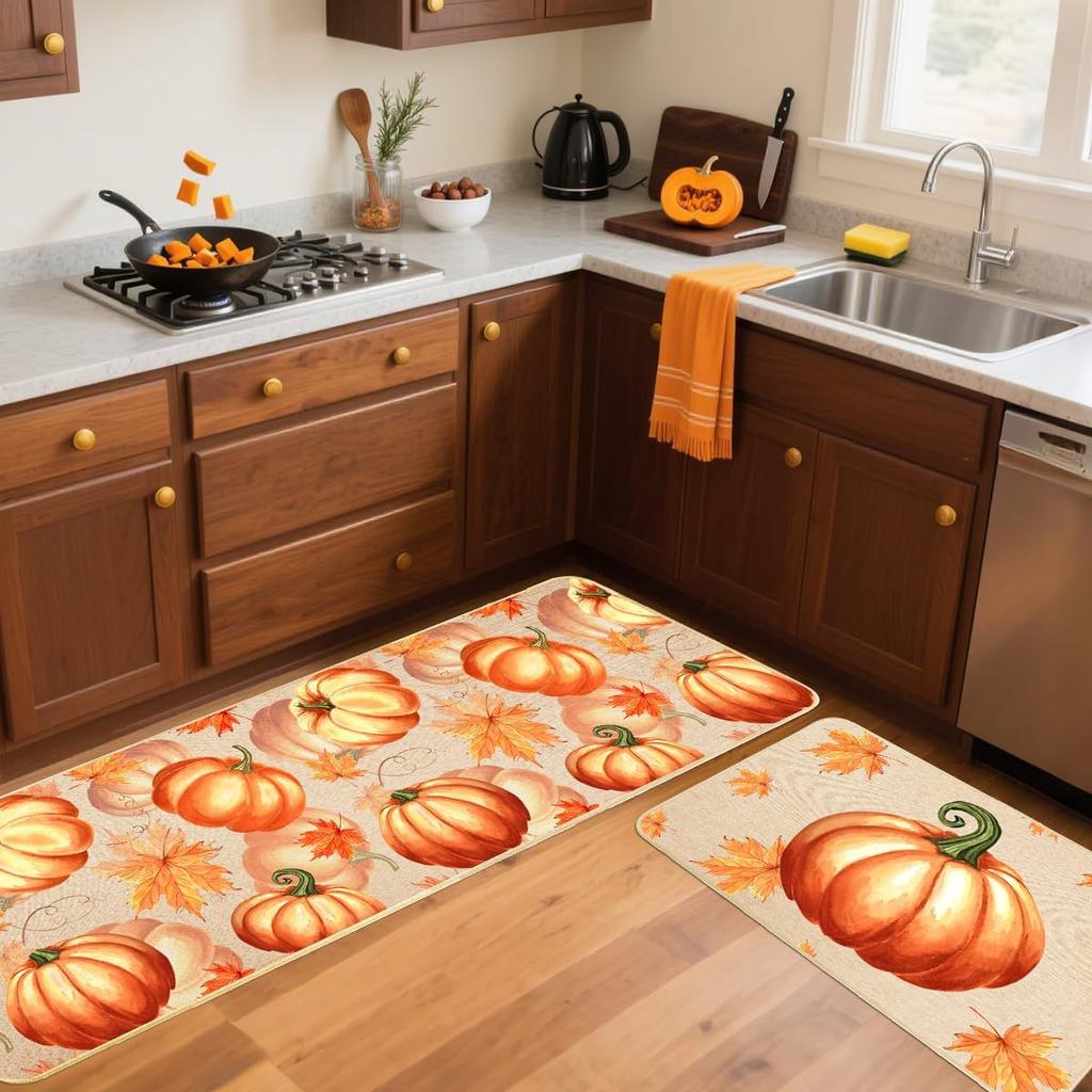 Thanksgiving Kitchen Mat Autumn Pumpkin Oil-Absorbing Dirt-Resistant Non-Slip Floor Mat Porch Easy To Take Care Of Foot Mat