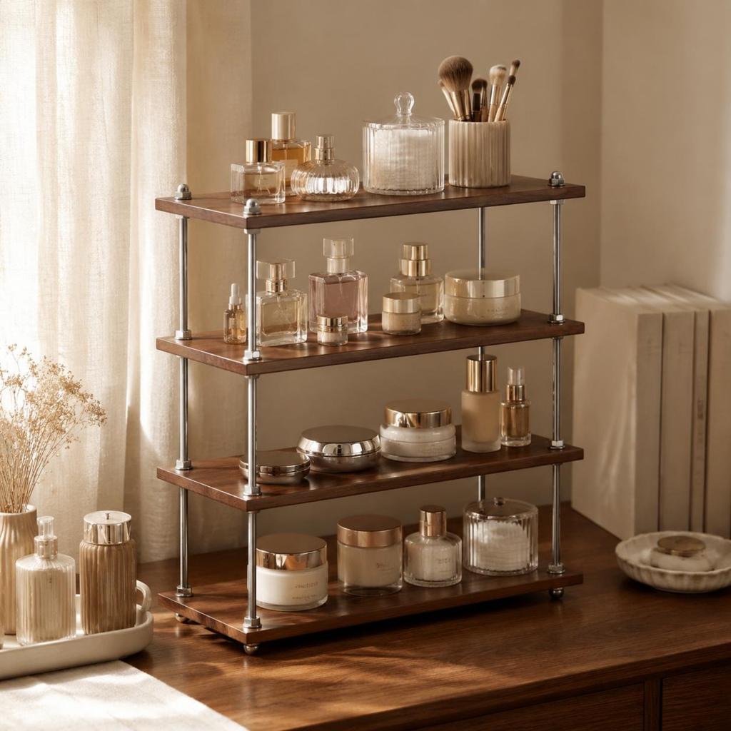 Makeup Organizer Shelf Retro Design 3-Tier Shelf Rack Tabletop Storage Rack Multi-Purpose Cosmetic Display Stand Sturdy for Desk