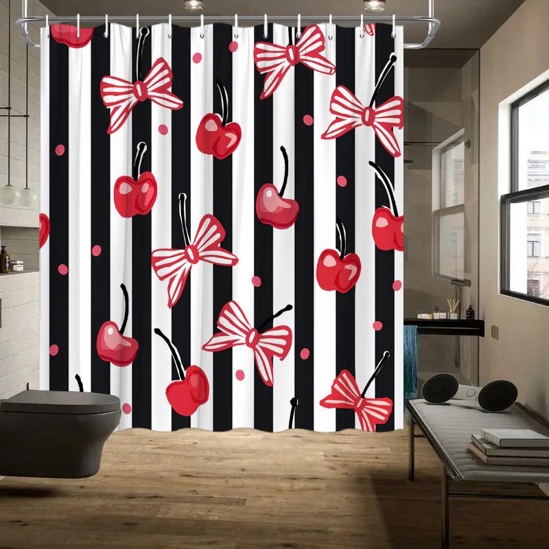 Chic Red Bows and Cherries Striped Waterproof Shower Curtain for Bathroom Decor