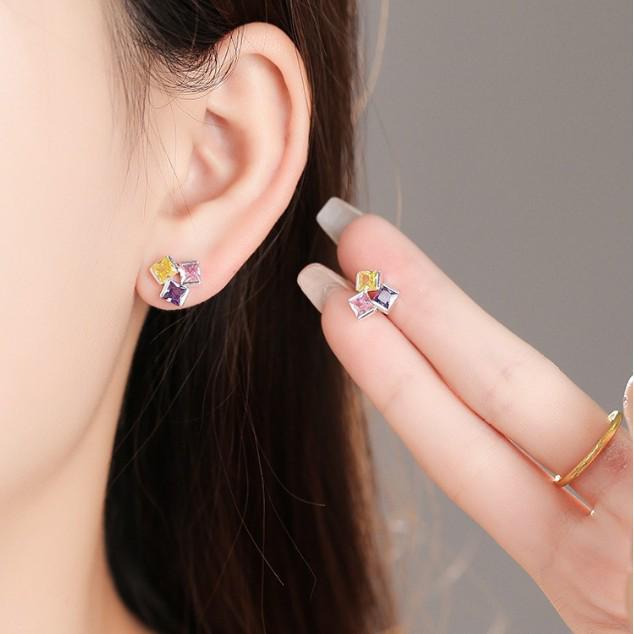 Exquisite Tricolor Cube Stud Earrings: Stylish & Unique European and American Design for Women