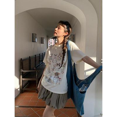 Spring 2025 Cartoon Print Loose Fit Korean Round Neck Girls' T-Shirt