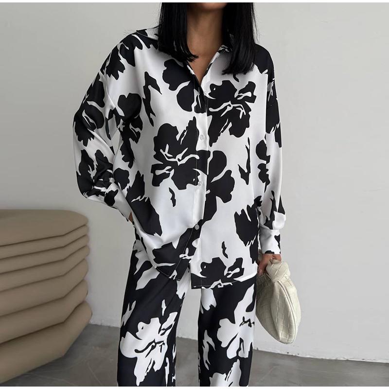 Tištěný volný ležérní set dámská košile s dlouhým rukávem kalhoty se širokými nohavicemi dvoudílný set na dojíždění jaro a léto