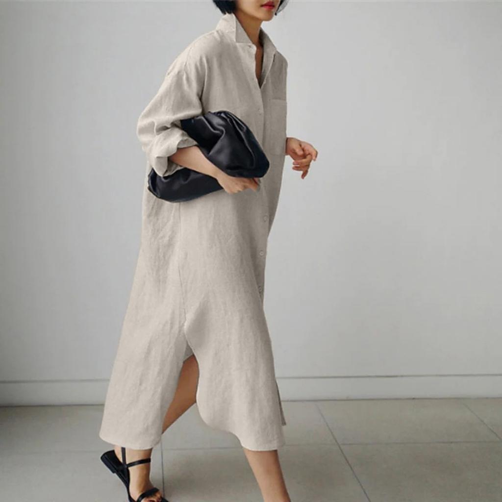 LYRIA Cotton Linen Oversize Women Dress Black Turn-Down Collar Loose Dresses Female Elegant Casual Trendy Ladies Clothes