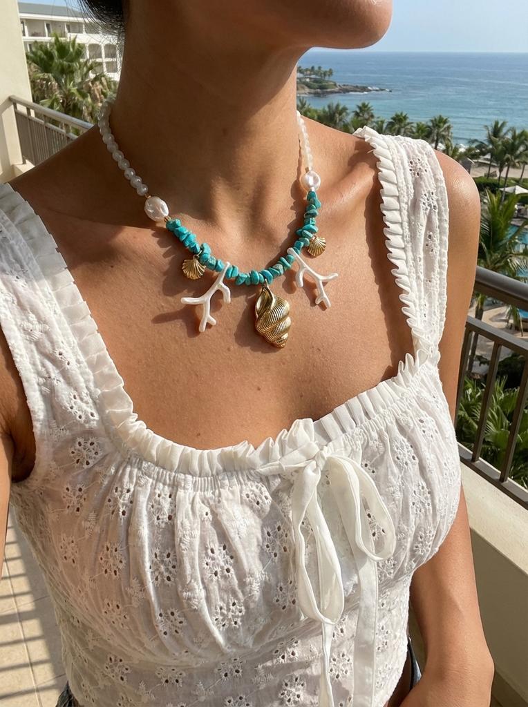 Summer Ocean Conch Shell Faux Coral Faux Pearl Beaded Necklace Beach Vacation Choker For Women