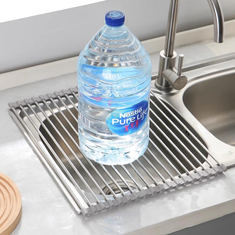 Foldable Stainless Steel Dish Rack with Draining Curtain, Multi-functional Kitchen Sink Storage for Bowls, Plates, Vegetables, and Fruits.