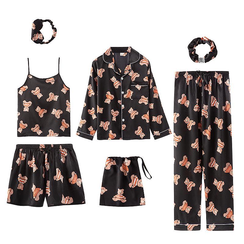 Sieben teiliges gestreiftes Pyjama-Set aus Kunstseide mit langärmeligem Cardigan und Camisole für Frühling und Herbst