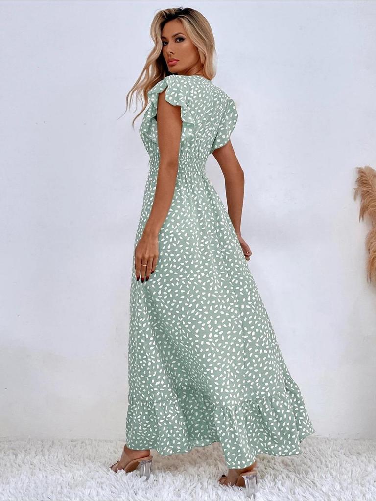 V-Ausschnitt Bedrucktes Kleid Taillenbetont Langer Rock mit Rüschenkante Elegantes Kleid für Damen Ärmellos Lockere Kleider Freizeitkleid