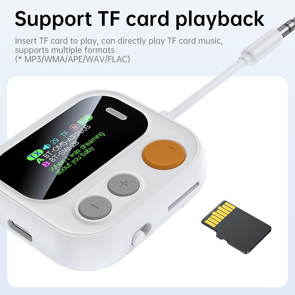 2 In 1 Bluetooth 5.4 Audio Transmitter Receiver Color Screen 3.5MM TF/AUX Stereo Music Wireless Audio Adapter for Car/Home/Airplane Support TF Card