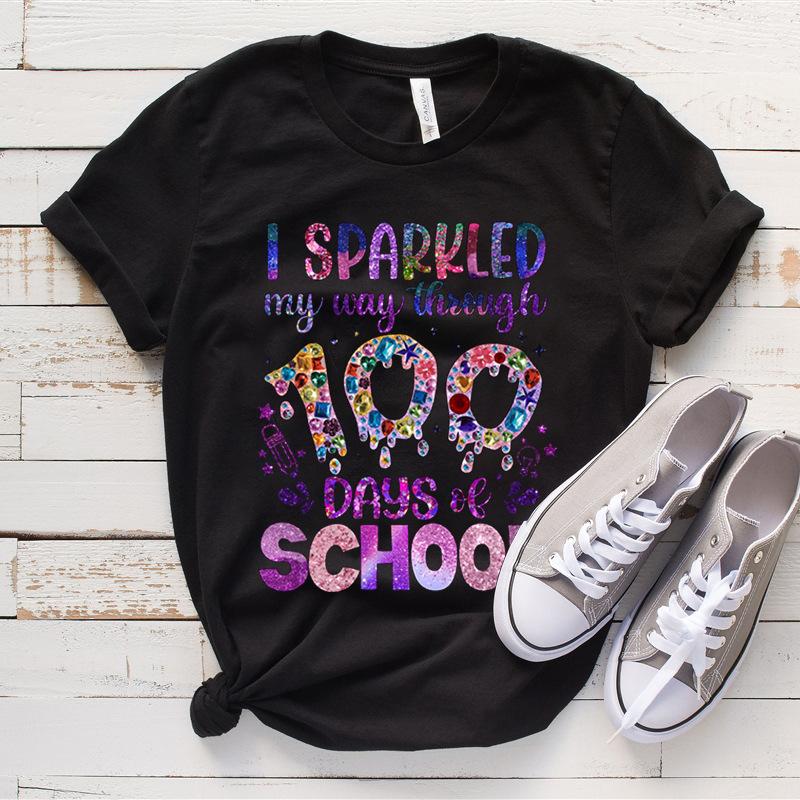 Women's Top 100 Days of School Printed High Street Trendy Fashion Casual Cotton T-Shirts Women’s