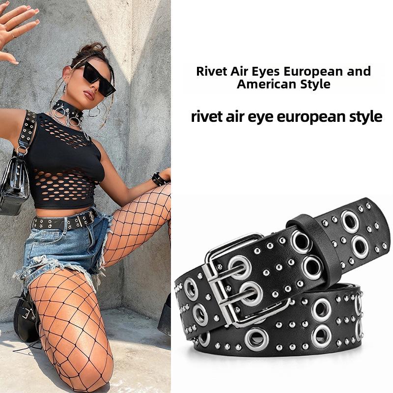 Women's European Punk Rivet Eyelet PU Belt - Trendy Decorative Jeans Accessory