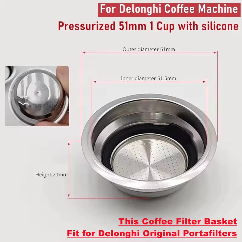 

Pressurized 51mm Filter Basket Built-in Silicone Ring,Fits Original De Longhi Dedica EC685 EC680 Portafilter Filter Accessories 51mm for Delonghi