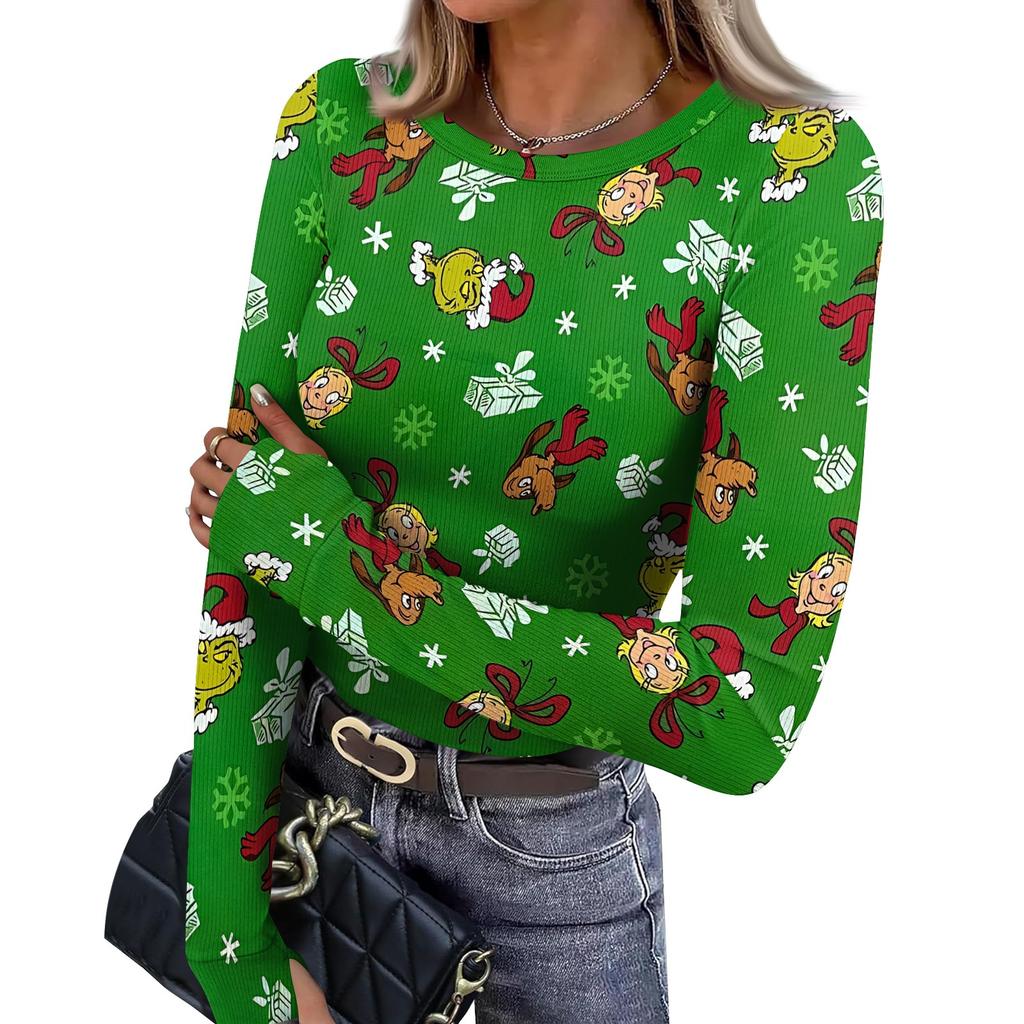 Women's Slim Fit Base Layer Long Sleeve Crewneck Pullover T-Shirt with Thumb Holes, Christmas Graphic Print Top