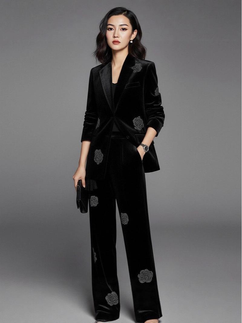 Women s Black Rhinestone Velvet Suit - Spring & Autumn Two-Piece Set with High-End Femininity and Professional Style Medium