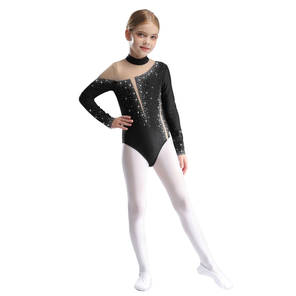 Ensemble de gymnastique et de danse pour filles Manches longues Dos avec découpe Strass Scintillants Justaucorps avec Short Leggings Bandeau pour Cheveux