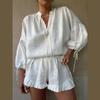 Women Casual Cotton Linen Ruffle Shorts Suits Long Sleeve Drawstring Linen Pullover 2 Ps Set Summer Ladies Beach Outfit Blouse