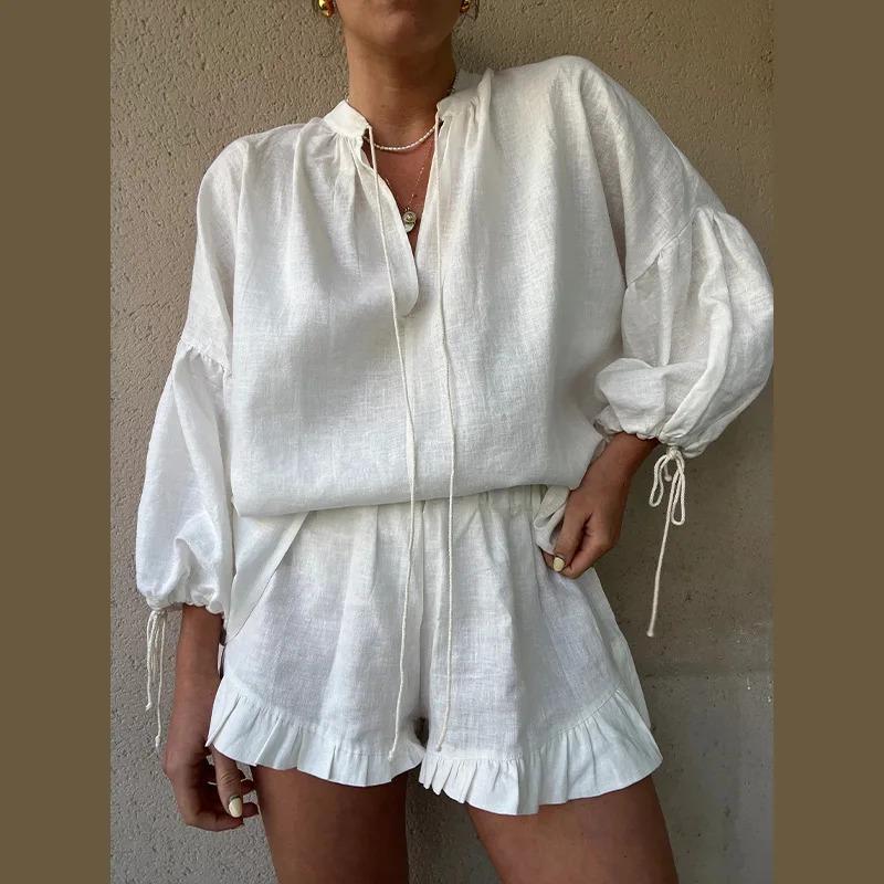 Women Casual Cotton Linen Ruffle Shorts Suits Long Sleeve Drawstring Linen Pullover 2 Ps Set Summer Ladies Beach Outfit Blouse