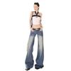 Retro blue micro-pull jeans women's spring and autumn new low-rise loose wide-legged thin flared pants