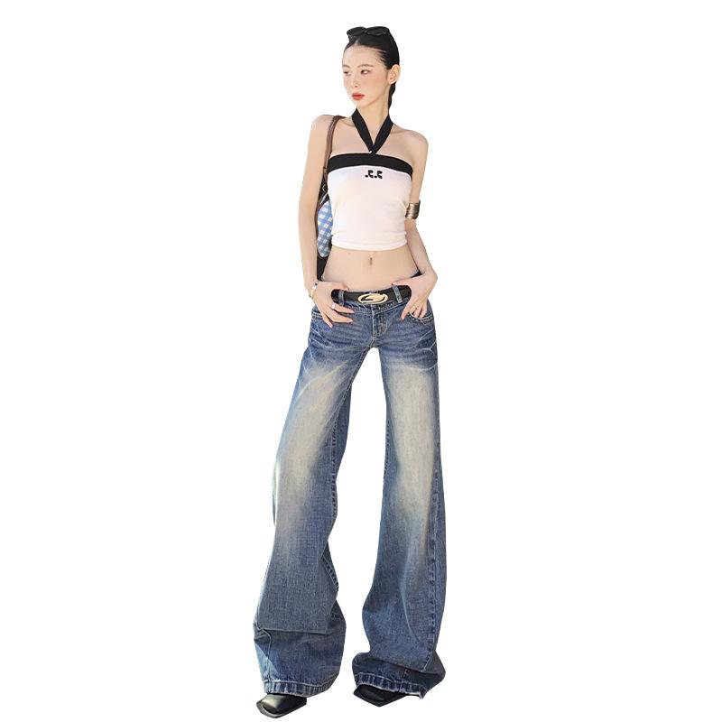Retro blue micro-pull jeans women's spring and autumn new low-rise loose wide-legged thin flared pants