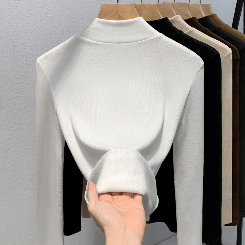 Double-sided Abraded Bottoming Shirt Women's New Women's Clothing Temperament Stand-up Collar Long-sleeved T-shirt Warm Inner Waist Top