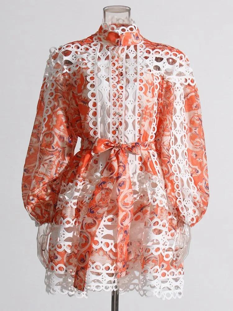 Hit Color Hollow Out Printing Mini Dresses Lapel Long Sleeve High Waist Patchwork Lace Up Dress