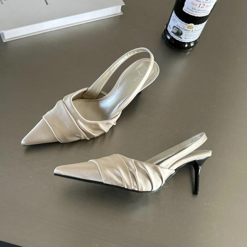 

Мода 2024 Босоножки Женские Летние Новые Туфли-лодочки с Острым Носком Открытая Задняя Часть Однотонные Атласная Лента Высокий Каблук 35 абрикосовый