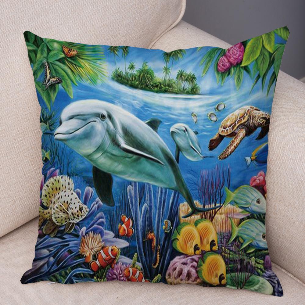 Marine Turtle Dolphins Shark Cushion Cover Short Plush Decor Colorful Ocean Animal Pillowcase Pillow Case for Sofa Home Car