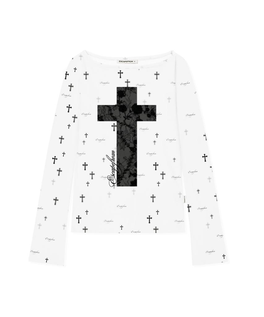 ESCAPEFROM Lace Road Blurcross Full Print Slim Fit Long Sleeve Beige
