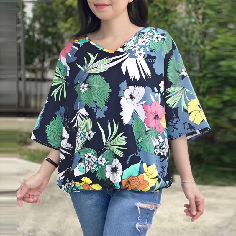 

ZANZEA Женская повседневная блузка с V-образным вырезом, свободным рукавом 3/4 и принтом M темно-синий