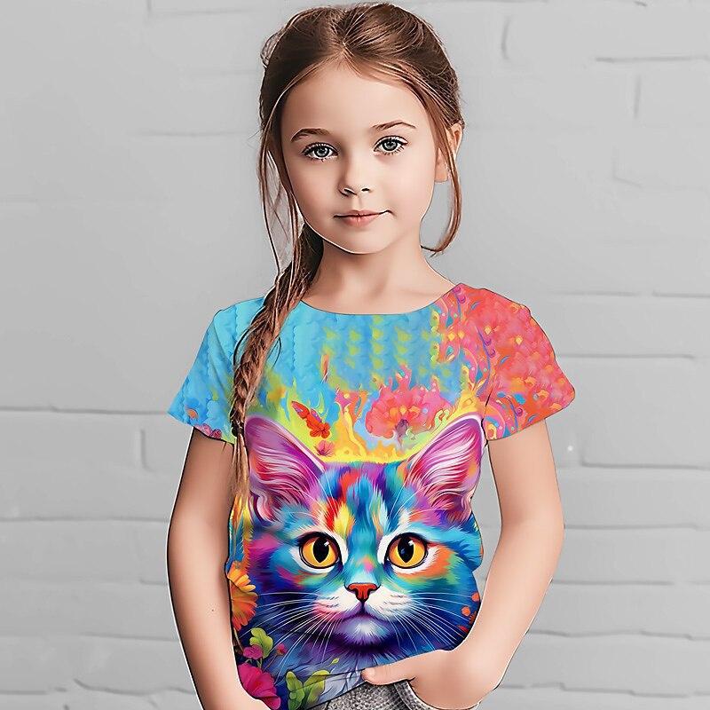

Футболка с короткими рукавами для девочек с принтом «Мультяшный кот» на 3D-принте, летняя детская одежда, футболки для девочек 170cm