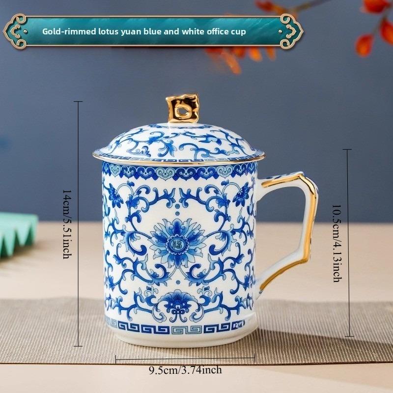 

1pc Chinese Blue and White Enamel Ceramic Cup for Office Meeting Home Use Tea Making with Lid Bone Porcelain Water Cup, 500ml 400-600ml