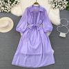 Light and Mature Style Retro Temperament Bubble Long-sleeved Lapel Waist Thin Word Chiffon Dress Elegant Big Swing Dress