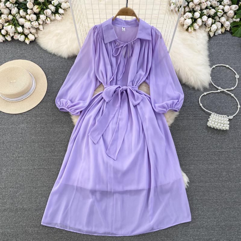 Light and Mature Style Retro Temperament Bubble Long-sleeved Lapel Waist Thin Word Chiffon Dress Elegant Big Swing Dress