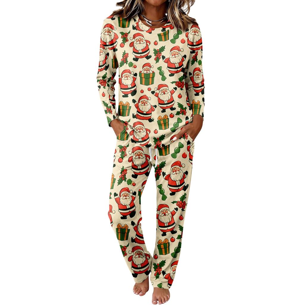 Round Neck Long Sleeve Wide Leg Pants Set, Casual Home Pajama Sleepwear