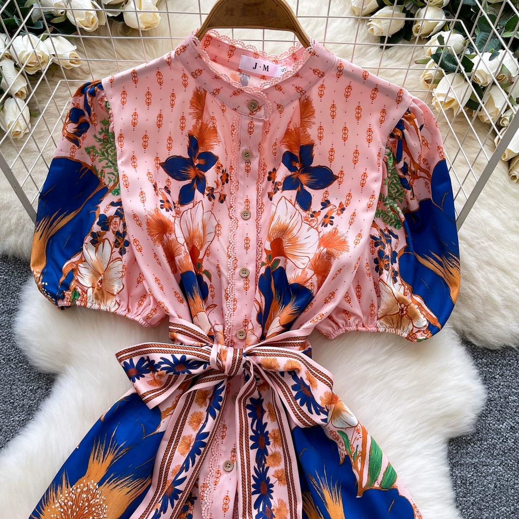 Summer Women Stand Collar Puff Sleeve Single Breasted Lace Patchwork Print Mini Short Party Dresses