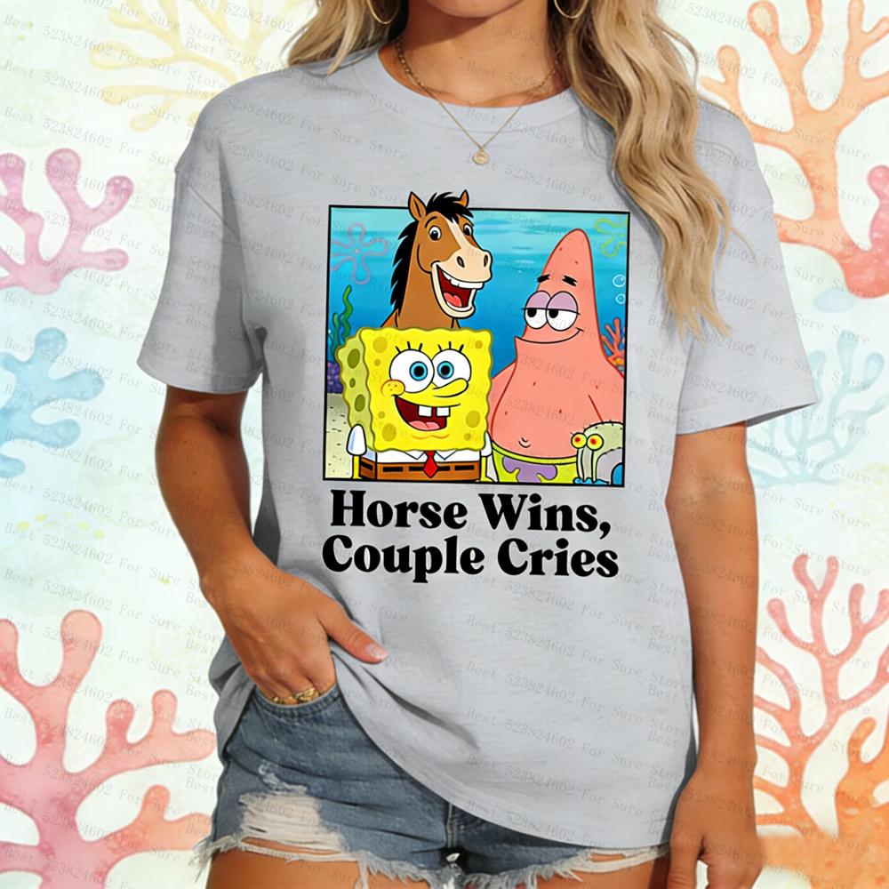 

Funny SpongeBob Patrick Horse Wins Couple Cries Meme Tshirt For Women YK2 tshirts Oversized Cotton Casual Tee Available S