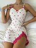 New heart-shaped printed contrasting color homewear, split-ended lace lace suspender skirt