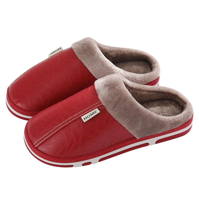 Cotton slippers winter waterproof solid color simple slippers PU Baotou couple simple wool wood floor home
