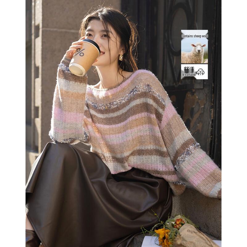 

Женский винтажный полосатый свитер свободной вязки со смесью шерсти L